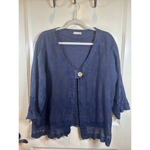 New Collection Women Shirt L/XL Navy 100% Linen Crochet Italy Minimalist Coastal